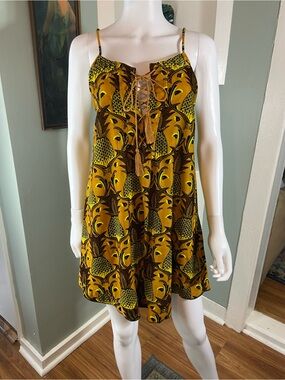 FARM Rio Yellow Owl Velvet Lace-Up Corset Mini Sundress Small S Trapeze Tent